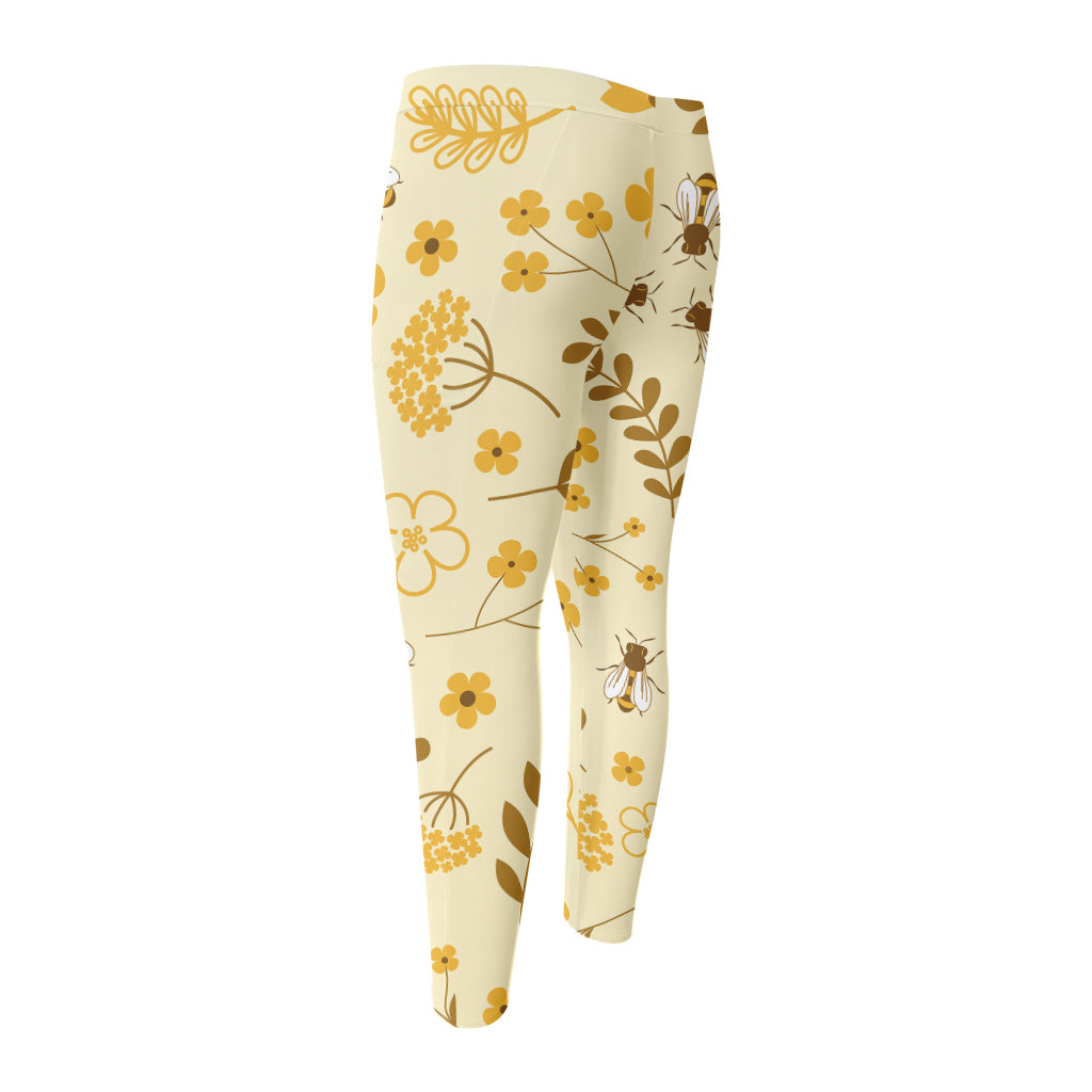 Flower Bee Pattern Print Men's Compression Pants