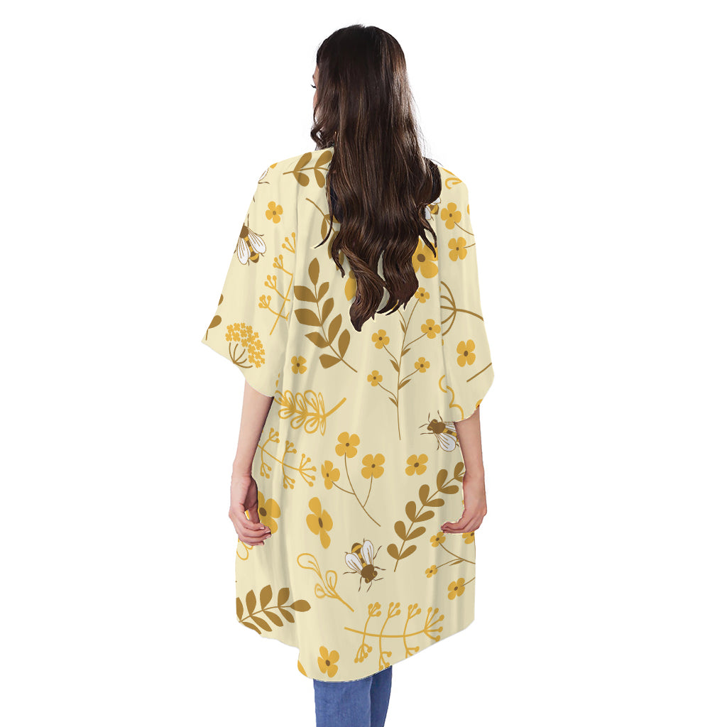 Flower Bee Pattern Print Open Front Beach Cover Up