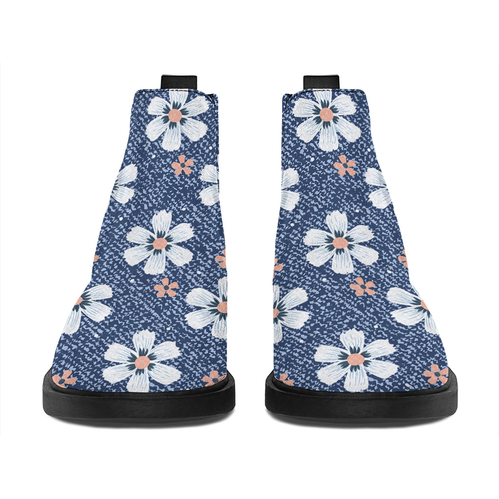 Flower Denim Jeans Pattern Print Flat Ankle Boots