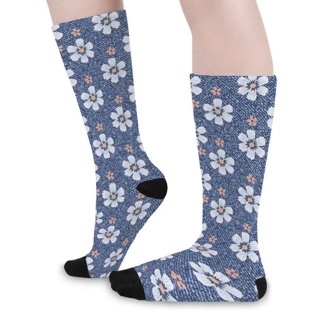 Flower Denim Jeans Pattern Print Long Socks