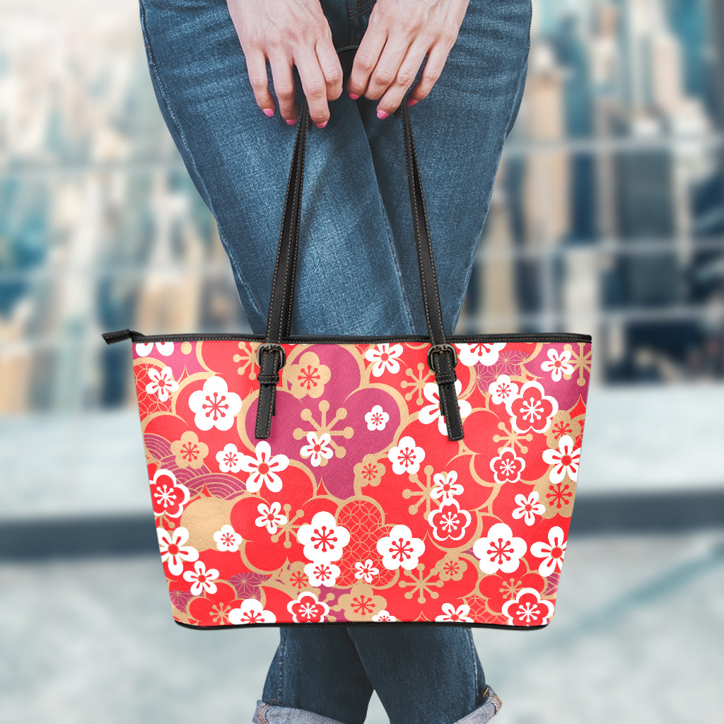 Flower Kimono Pattern Print Leather Tote Bag