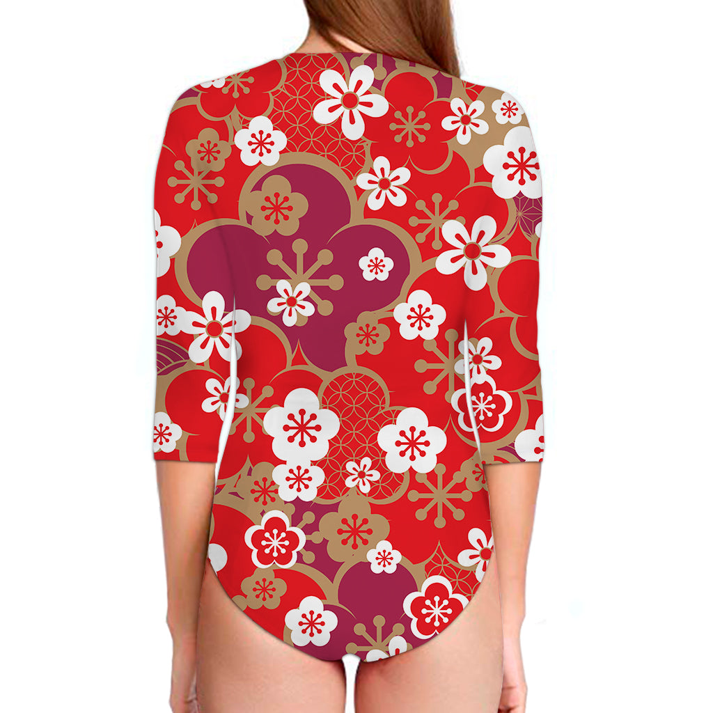 Flower Kimono Pattern Print Long Sleeve Swimsuit