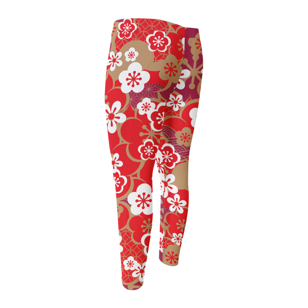 Flower Kimono Pattern Print Men's Compression Pants