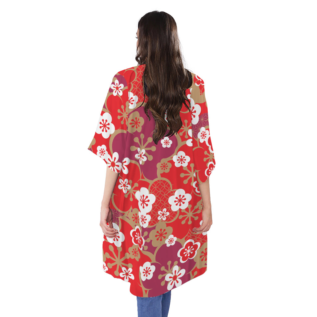 Flower Kimono Pattern Print Open Front Beach Cover Up