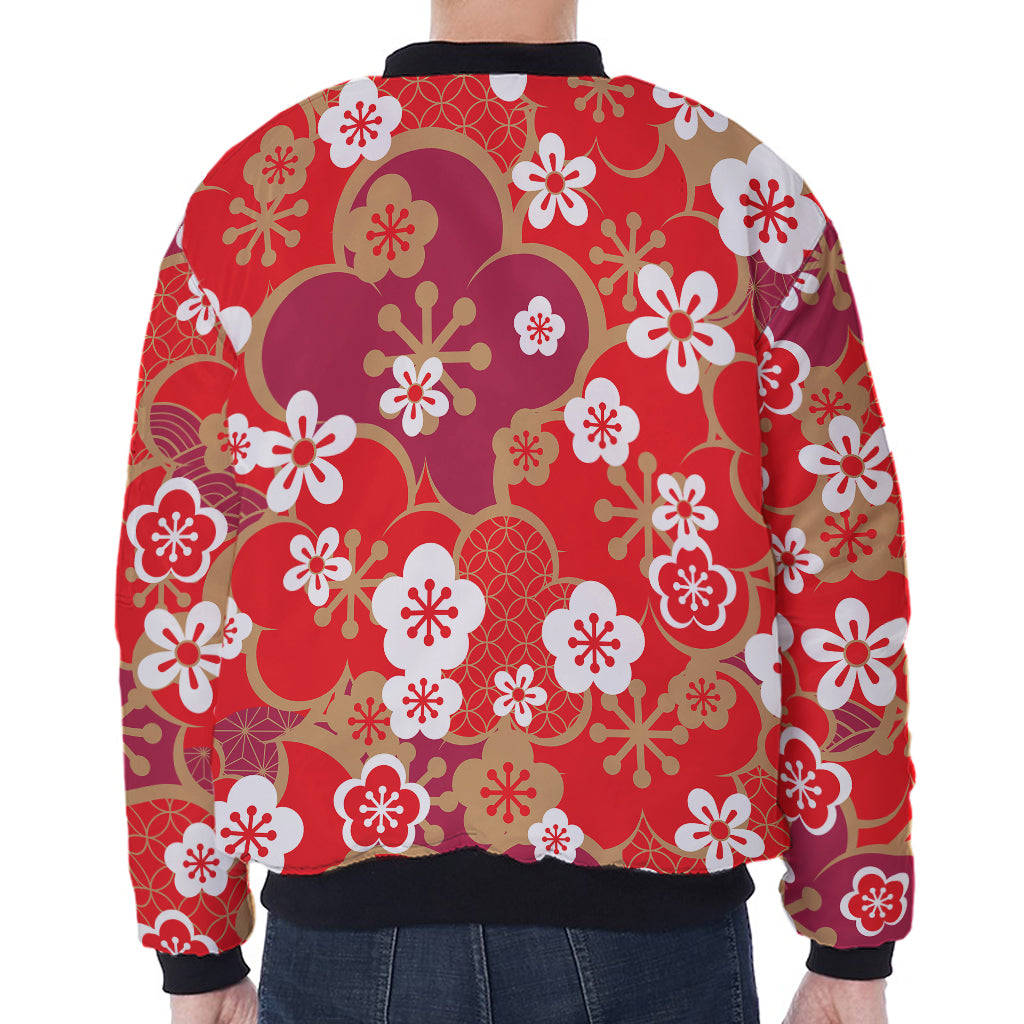 Flower Kimono Pattern Print Zip Sleeve Bomber Jacket
