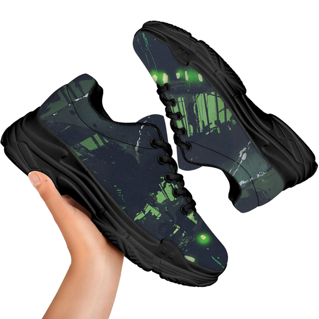Flying Dutchman Ghost Pirate Ship Print Black Chunky Shoes