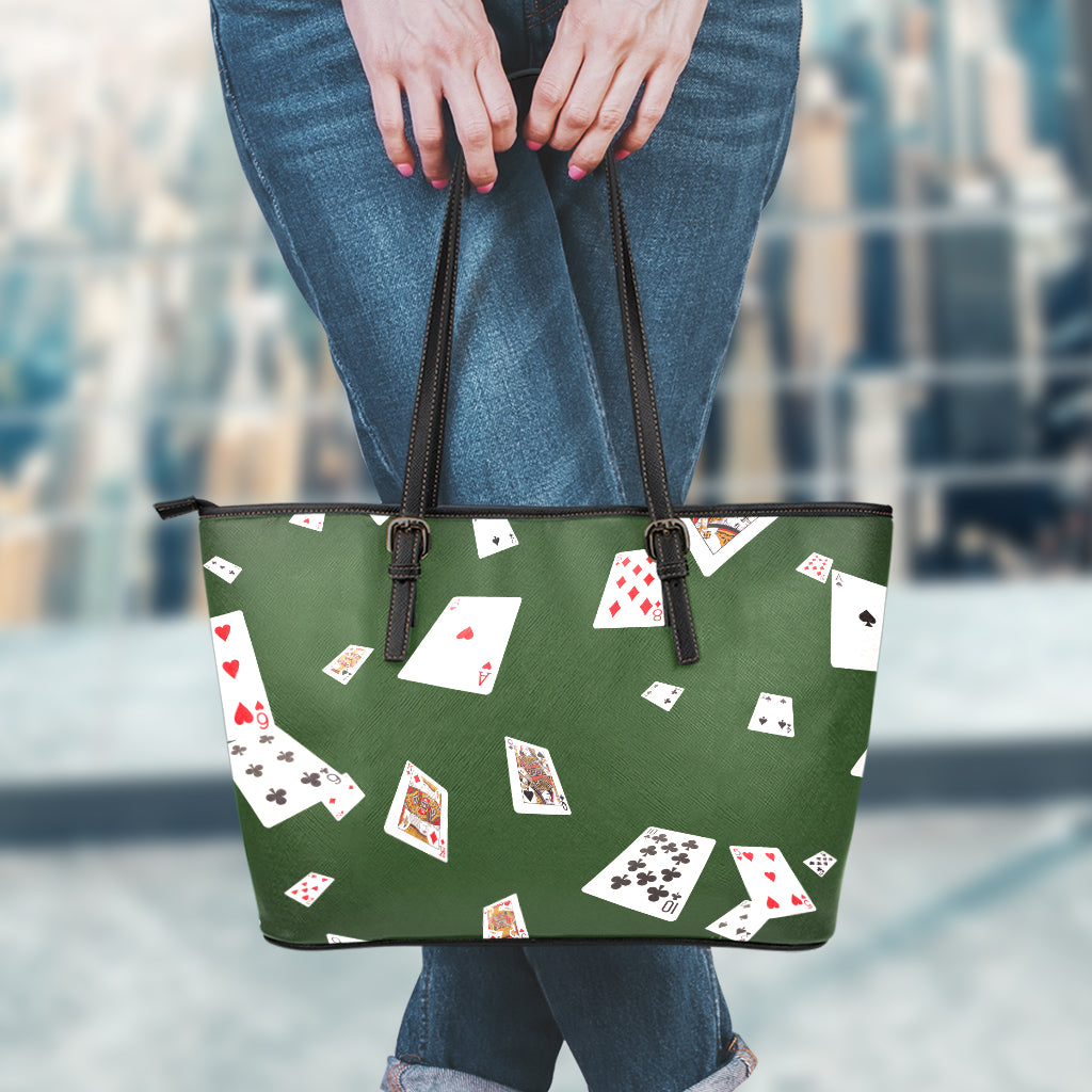 Flying Poker Cards Print Leather Tote Bag