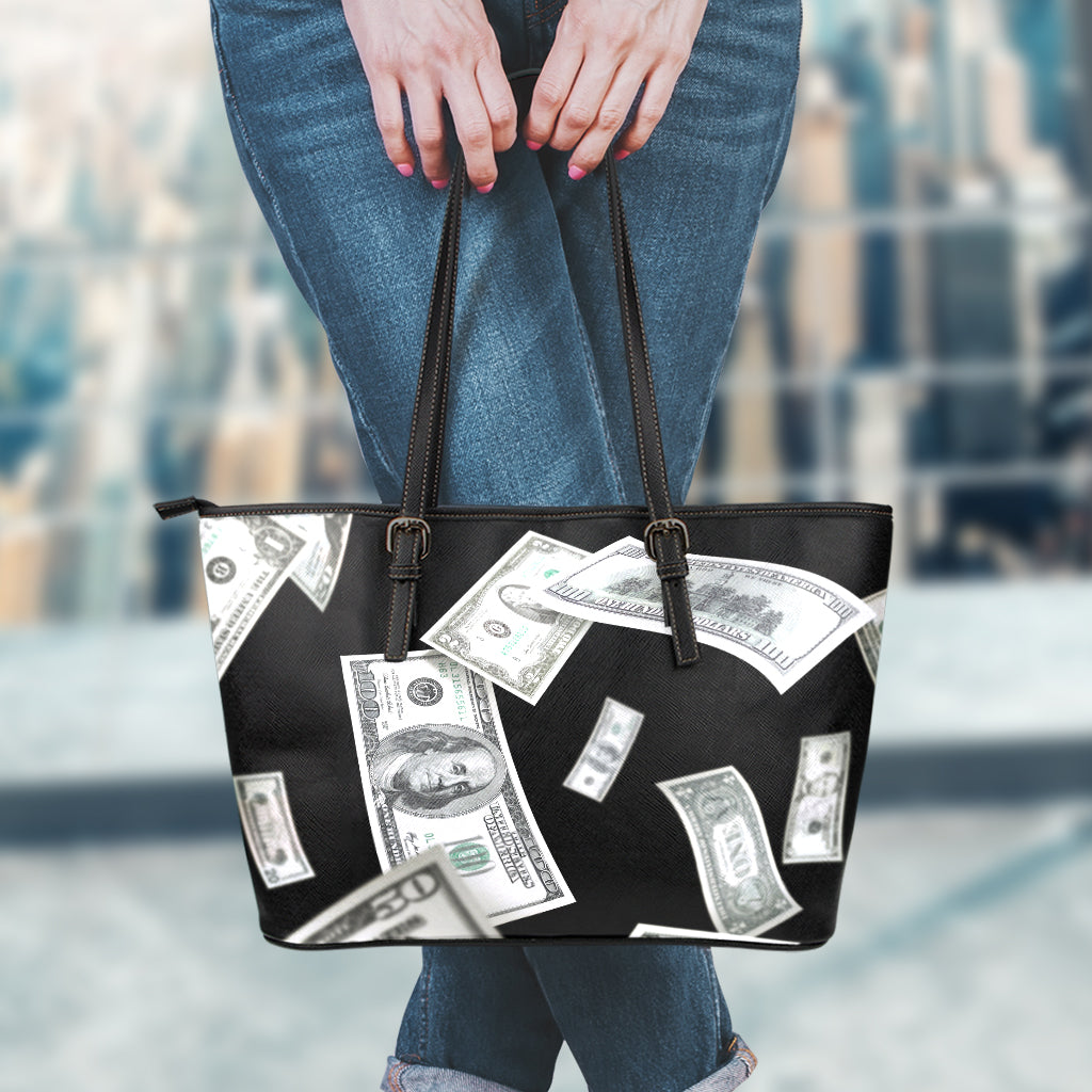 Flying USD Print Leather Tote Bag
