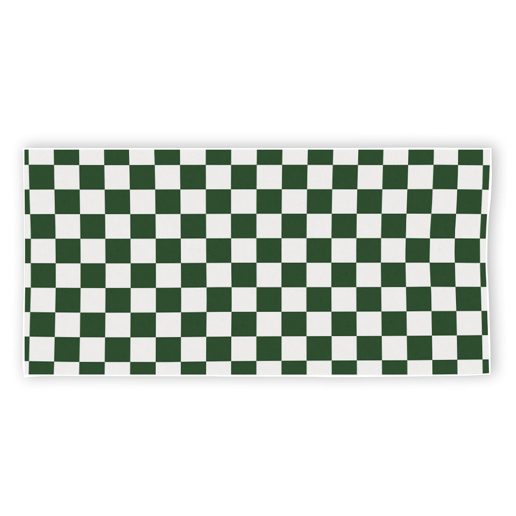Forest Green And White Checkered Print Beach Towel