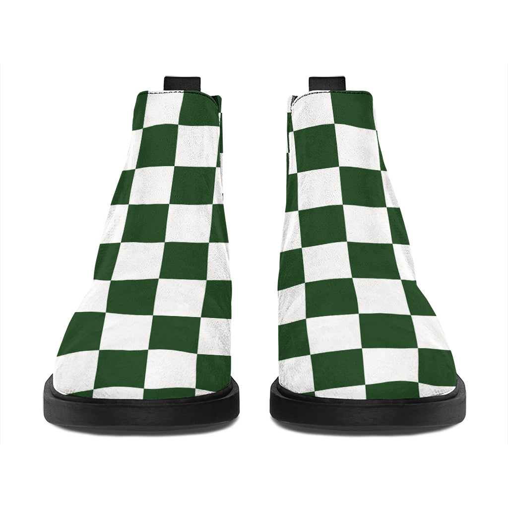 Forest Green And White Checkered Print Flat Ankle Boots