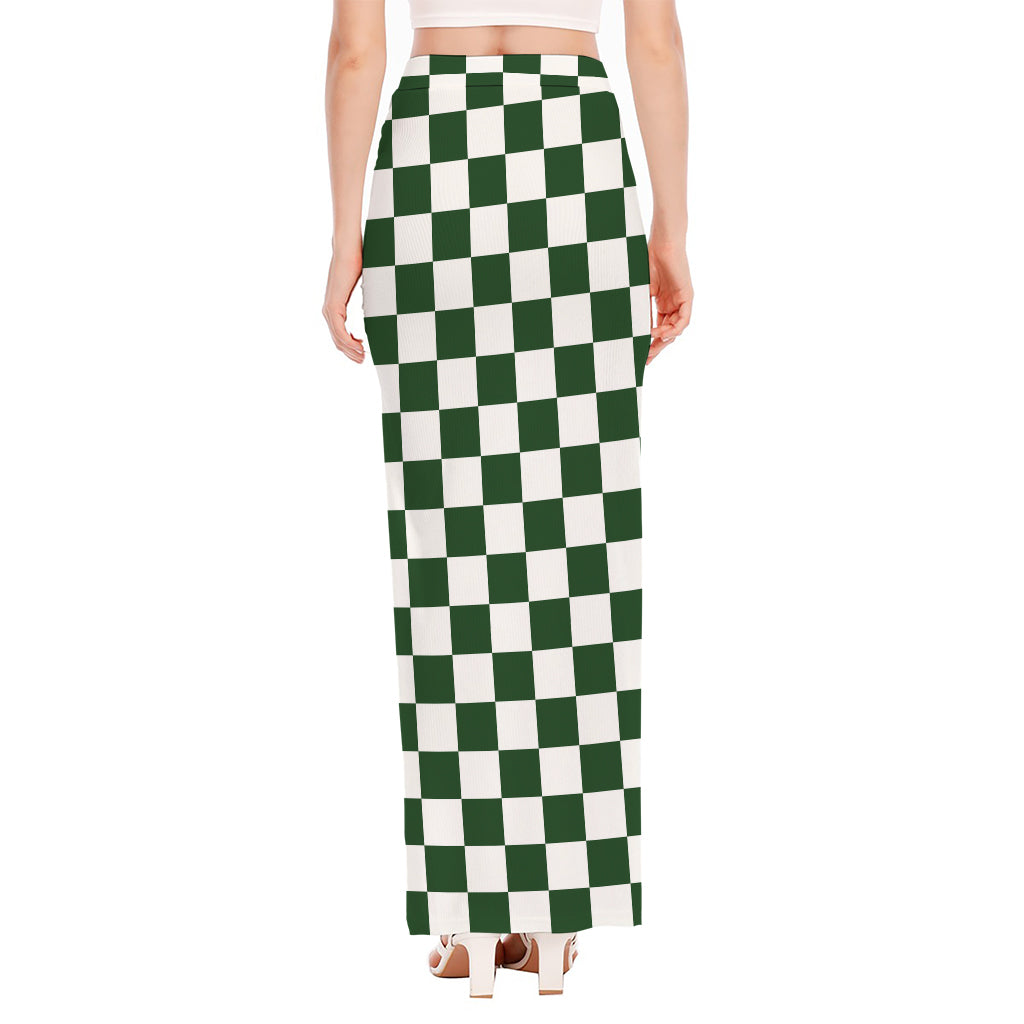 Forest Green And White Checkered Print High Slit Maxi Skirt