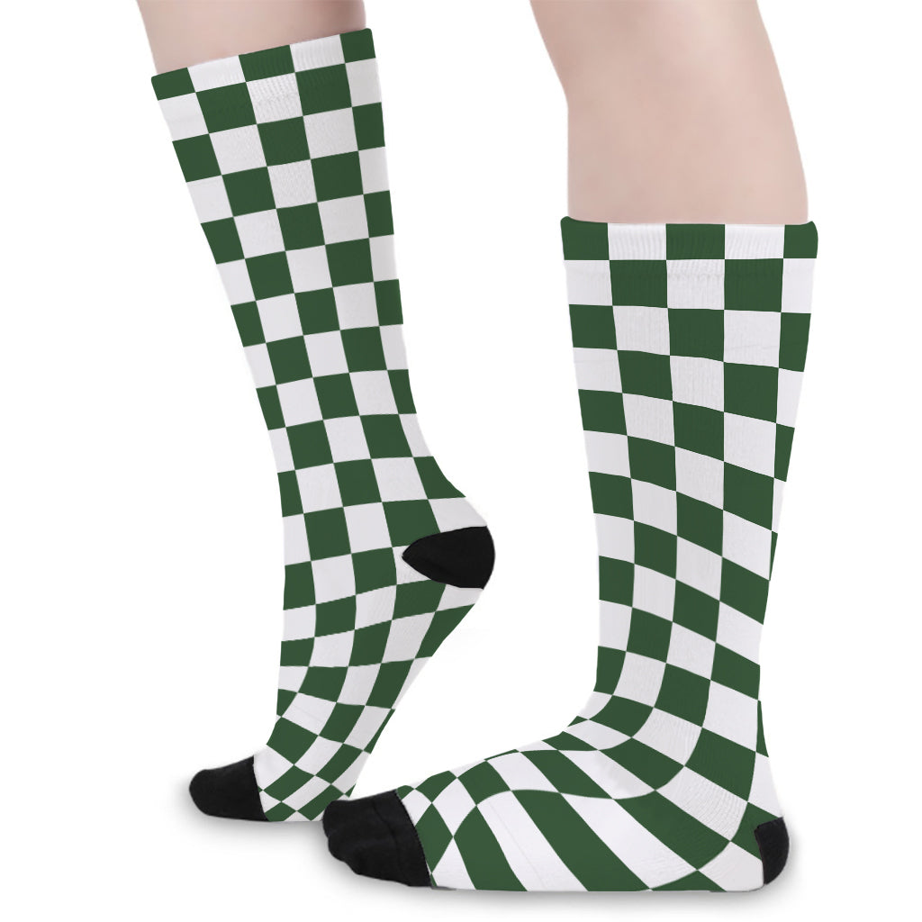 Forest Green And White Checkered Print Long Socks