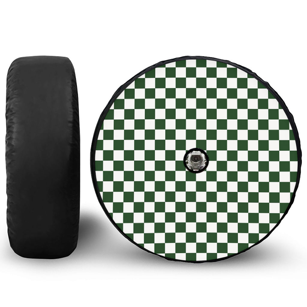 Forest Green And White Checkered Print Tire Cover With Camera Hole
