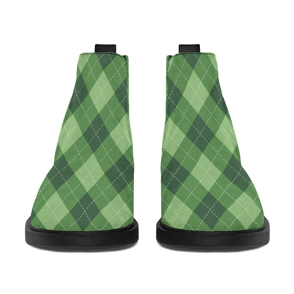 Forest Green Argyle Pattern Print Flat Ankle Boots