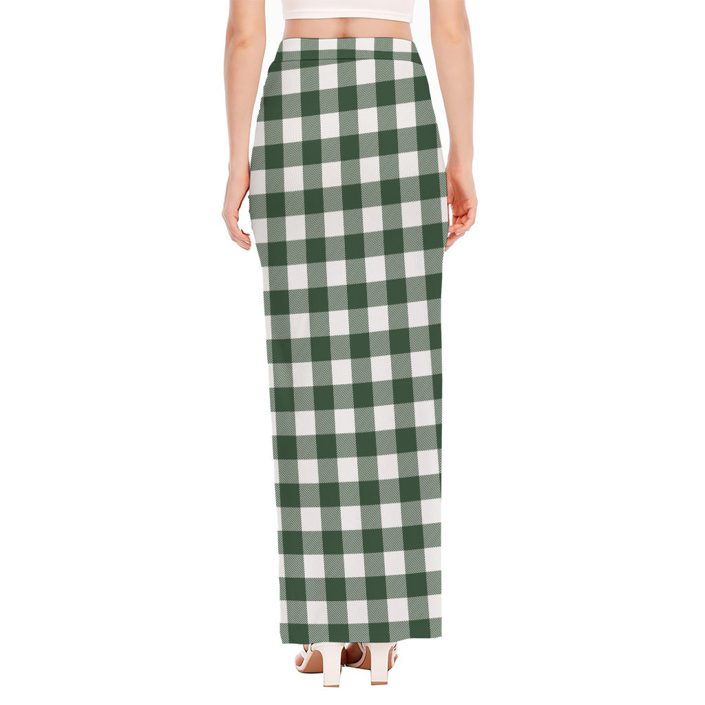 Forest Green Buffalo Check Pattern Print High Slit Maxi Skirt