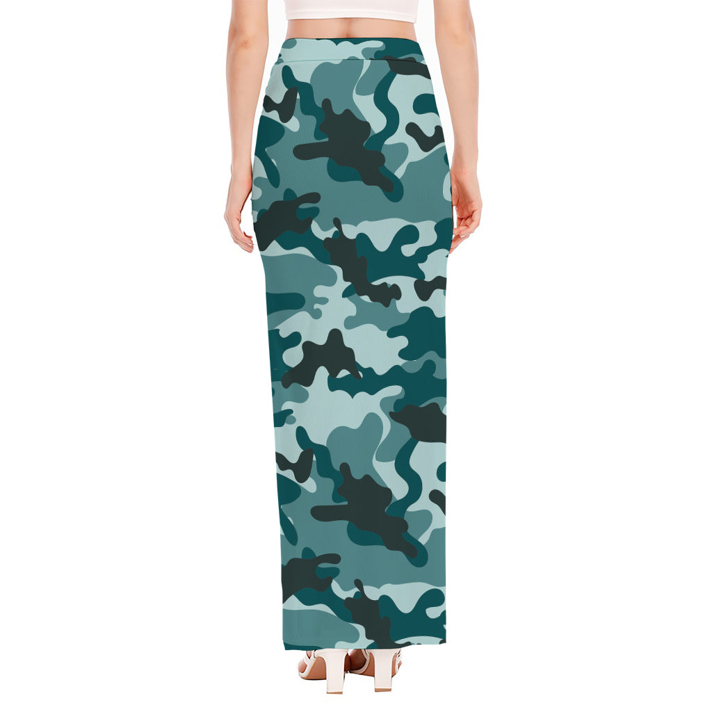 Forest Green Camouflage Print High Slit Maxi Skirt