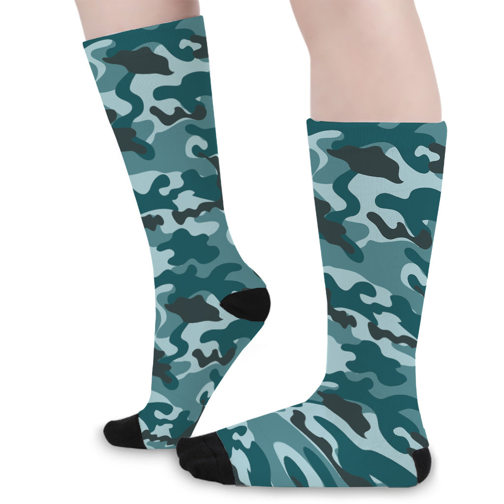 Forest Green Camouflage Print Long Socks