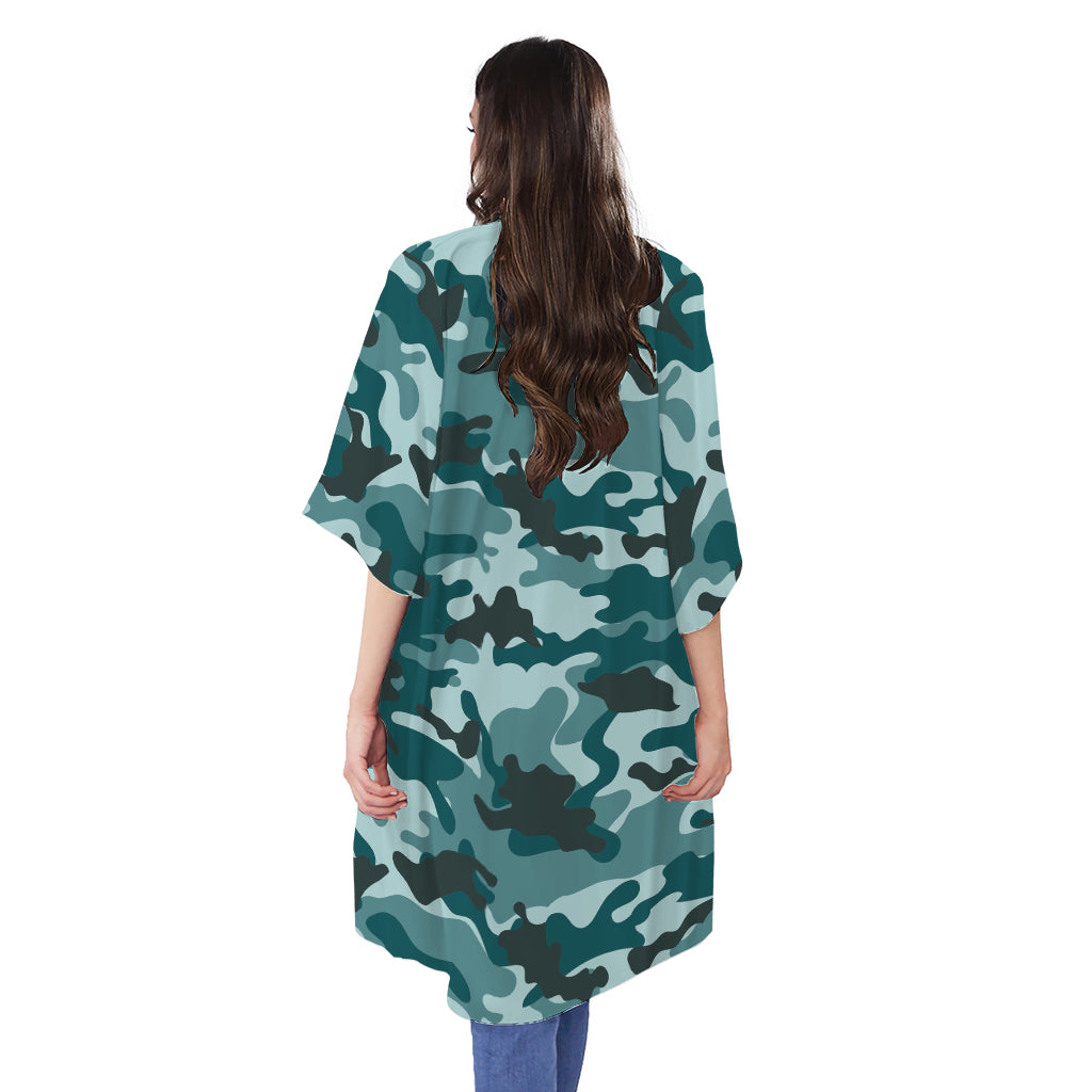 Forest Green Camouflage Print Open Front Beach Cover Up