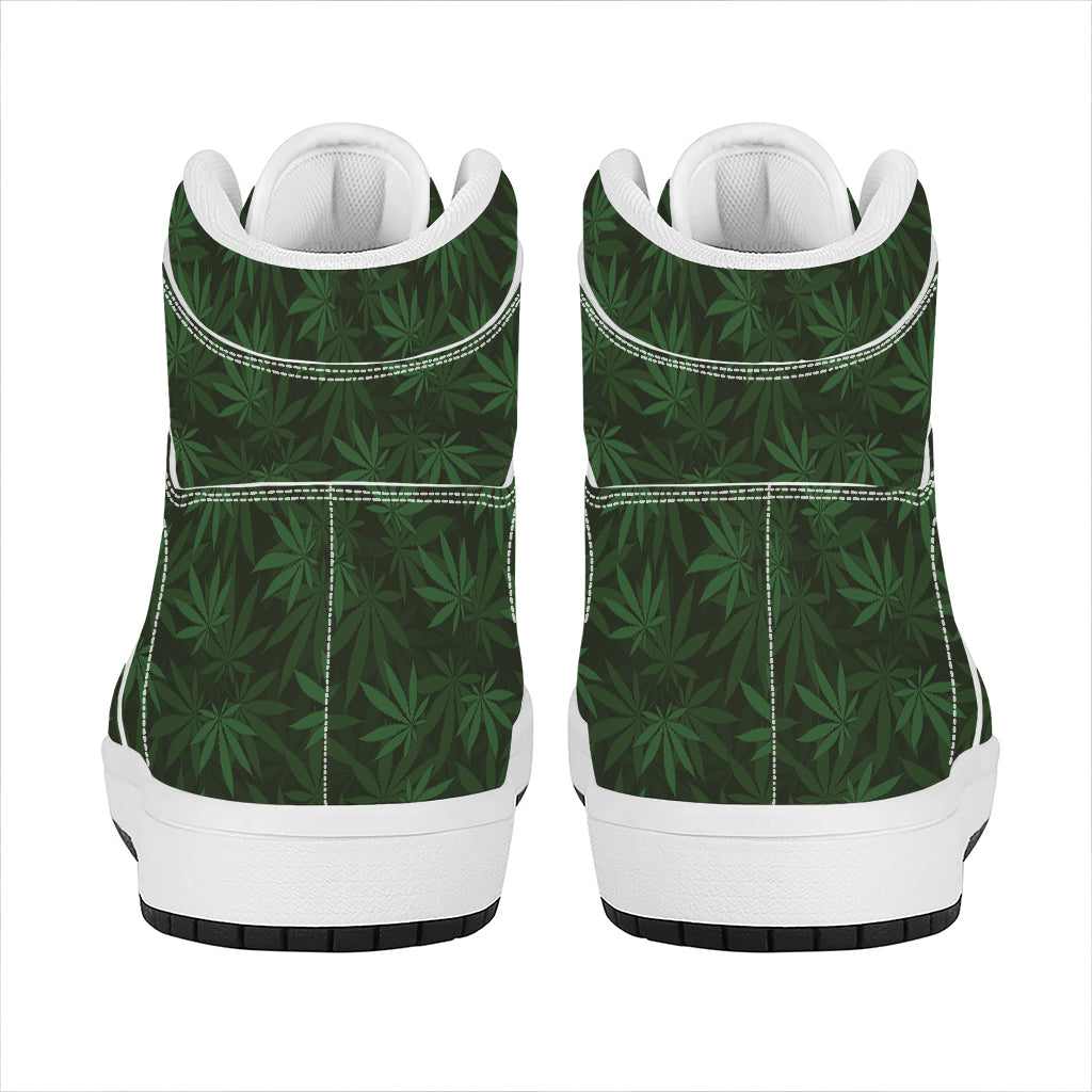 Forest Green Cannabis Leaf Print High Top Leather Sneakers