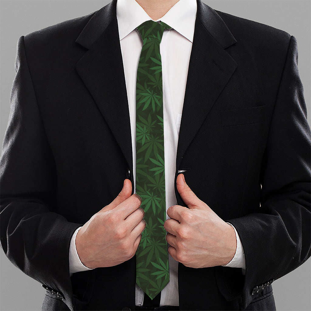 Forest Green Cannabis Leaf Print Necktie