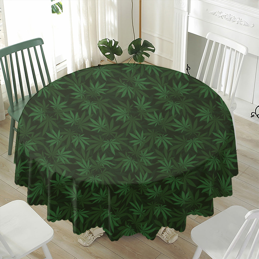 Forest Green Cannabis Leaf Print Waterproof Round Tablecloth