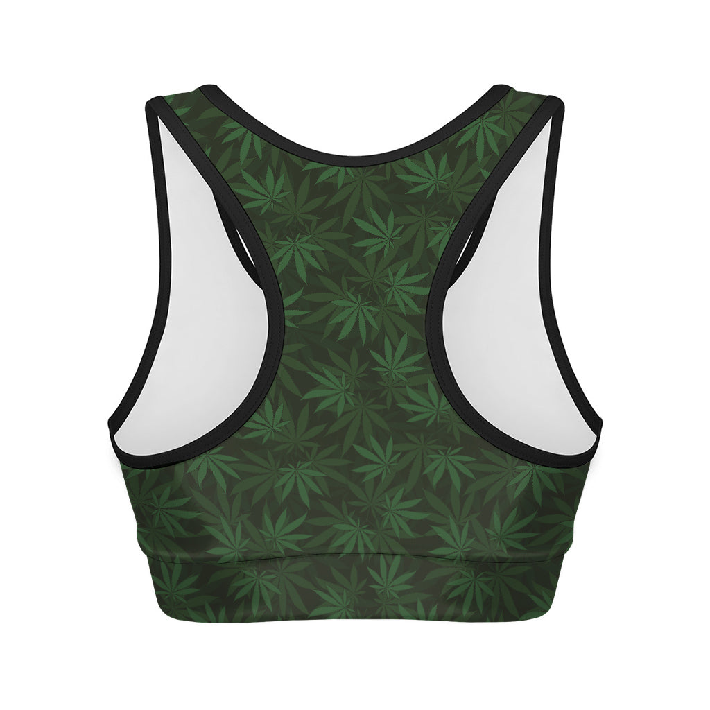 Forest Green Cannabis Leaf Print Women's Sports Bra