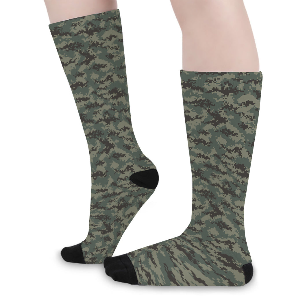 Forest Green Digital Camo Pattern Print Long Socks