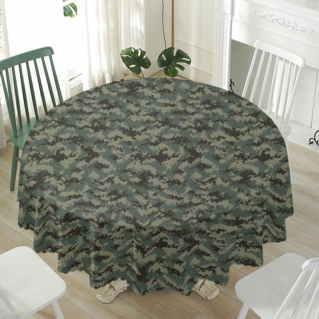 Forest Green Digital Camo Pattern Print Waterproof Round Tablecloth