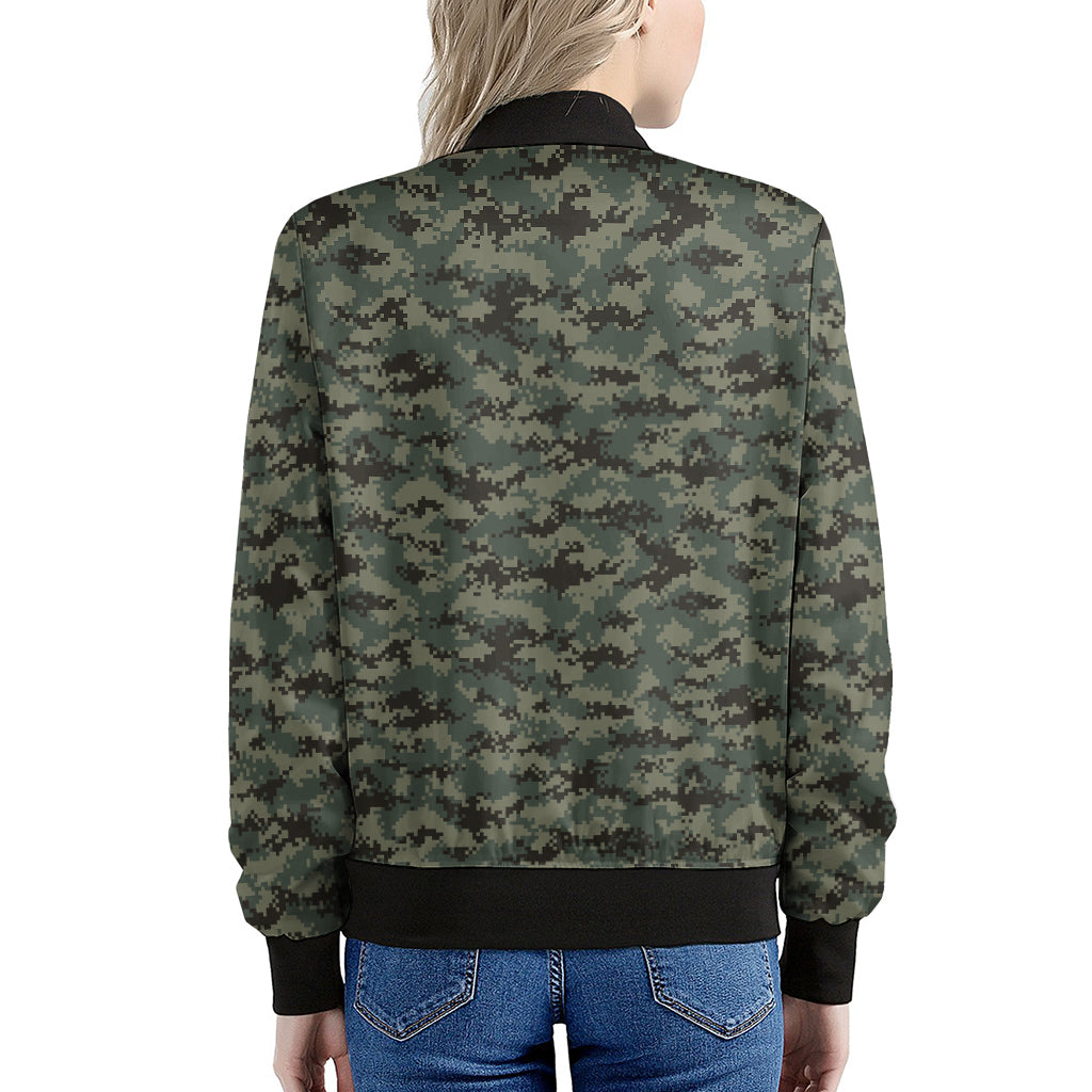 Forest Green Digital Camo Pattern Print Women's Bomber Jacket