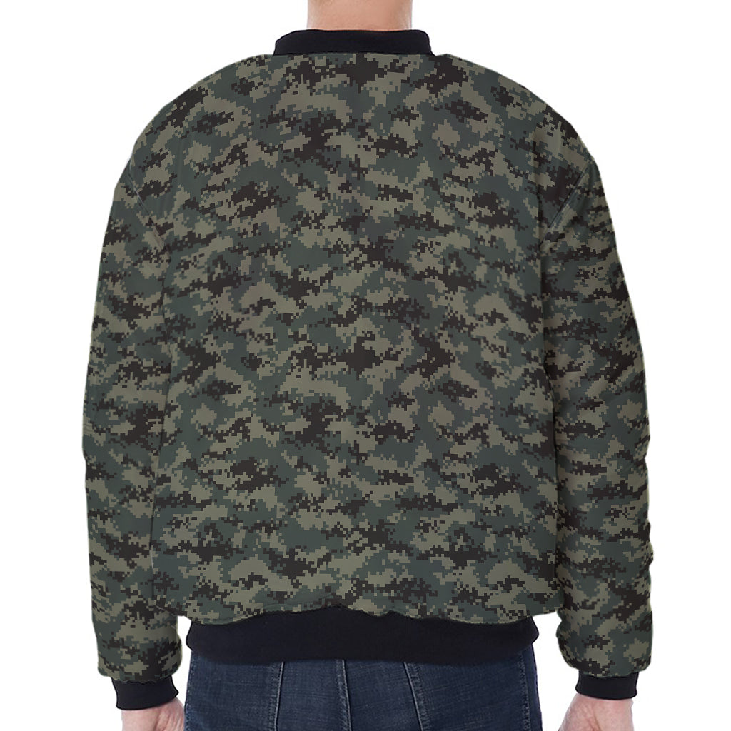 Forest Green Digital Camo Pattern Print Zip Sleeve Bomber Jacket