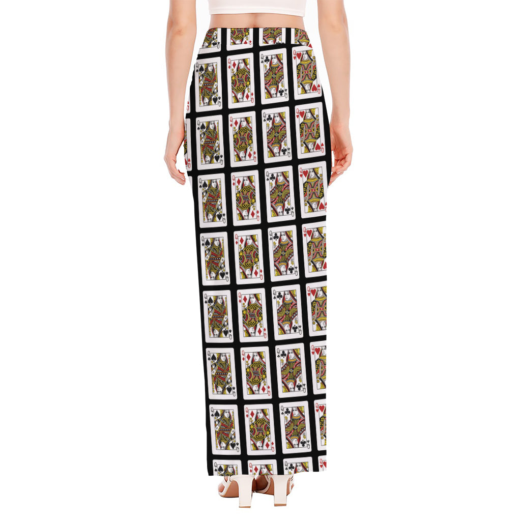 Four Queens Playing Cards Pattern Print High Slit Maxi Skirt