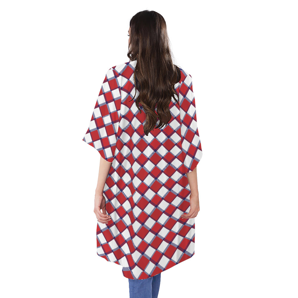 Fourth of July American Plaid Print Open Front Beach Cover Up