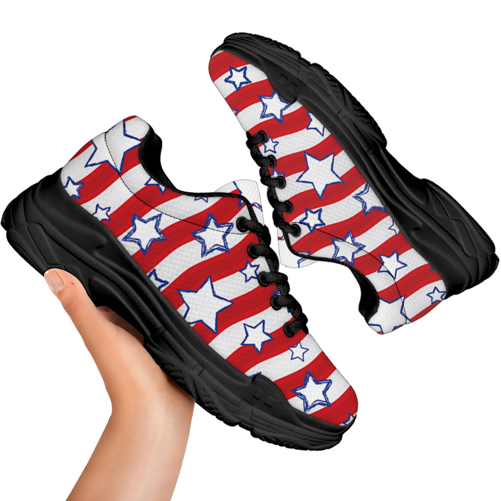 Fourth of July USA Star Pattern Print Black Chunky Shoes