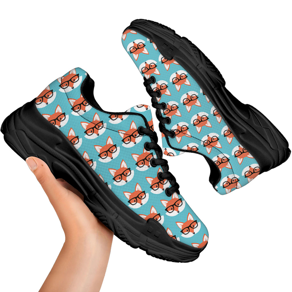 Fox With Glasses Pattern Print Black Chunky Shoes