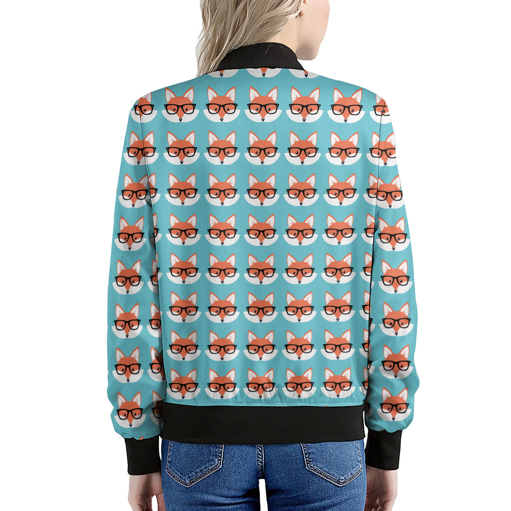 Fox With Glasses Pattern Print Women's Bomber Jacket