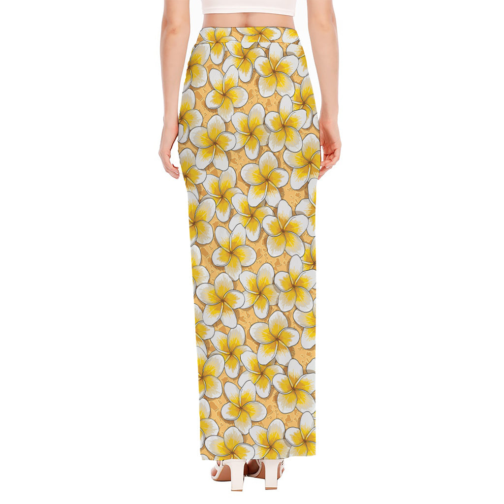 Frangipani Flower Pattern Print High Slit Maxi Skirt