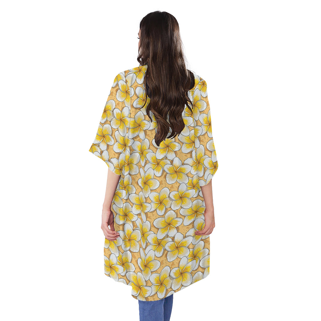 Frangipani Flower Pattern Print Open Front Beach Cover Up