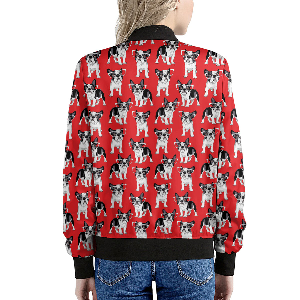 French Bulldog With Glasses Print Women's Bomber Jacket