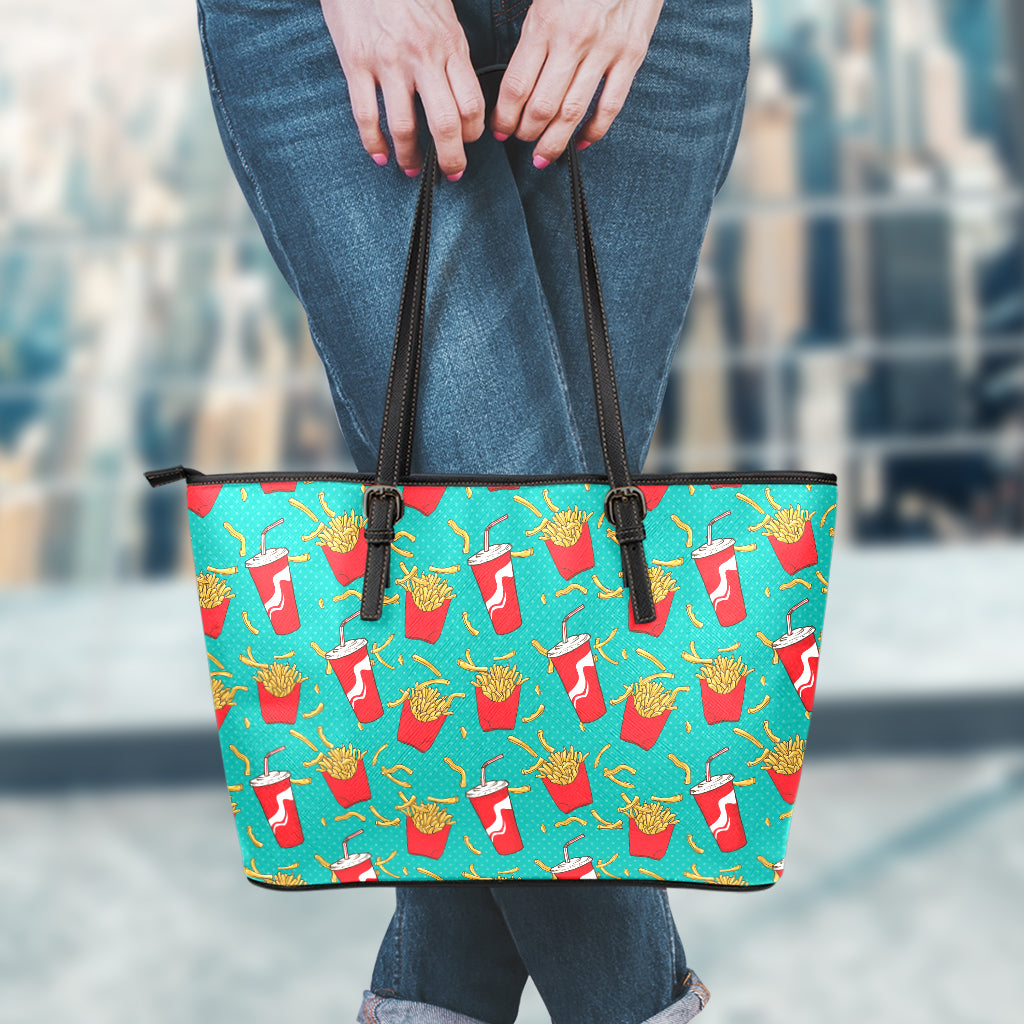 French Fries And Cola Pattern Print Leather Tote Bag