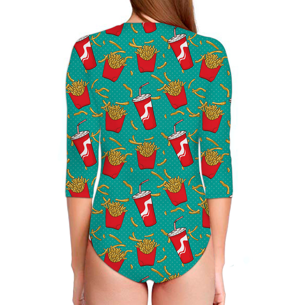 French Fries And Cola Pattern Print Long Sleeve Swimsuit