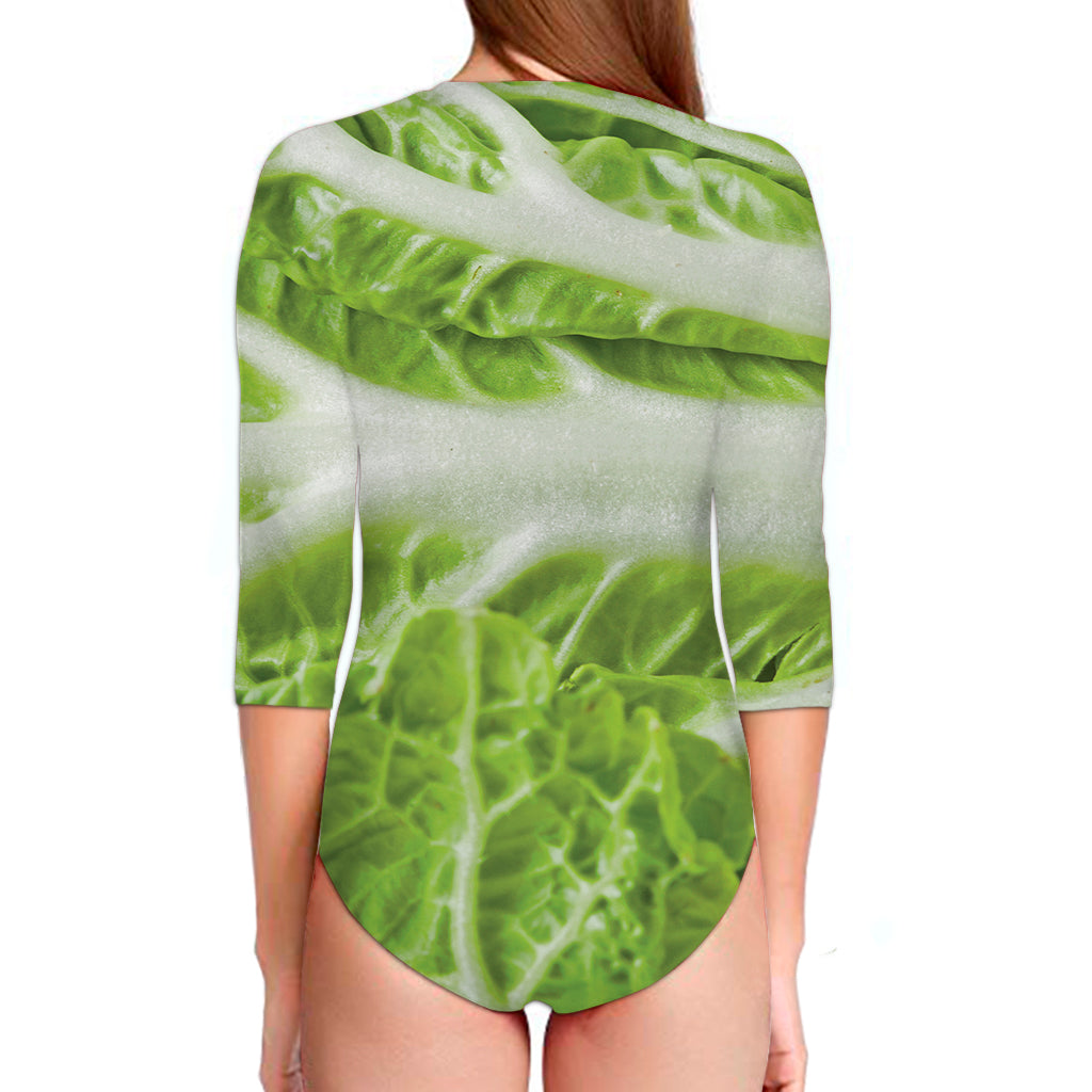 Fresh Cabbage Leaf Print Long Sleeve Swimsuit