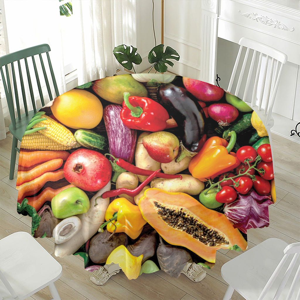 Fresh Fruits And Vegetables Print Waterproof Round Tablecloth