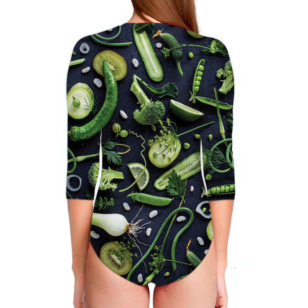 Fresh Green Fruit And Vegetables Print Long Sleeve Swimsuit