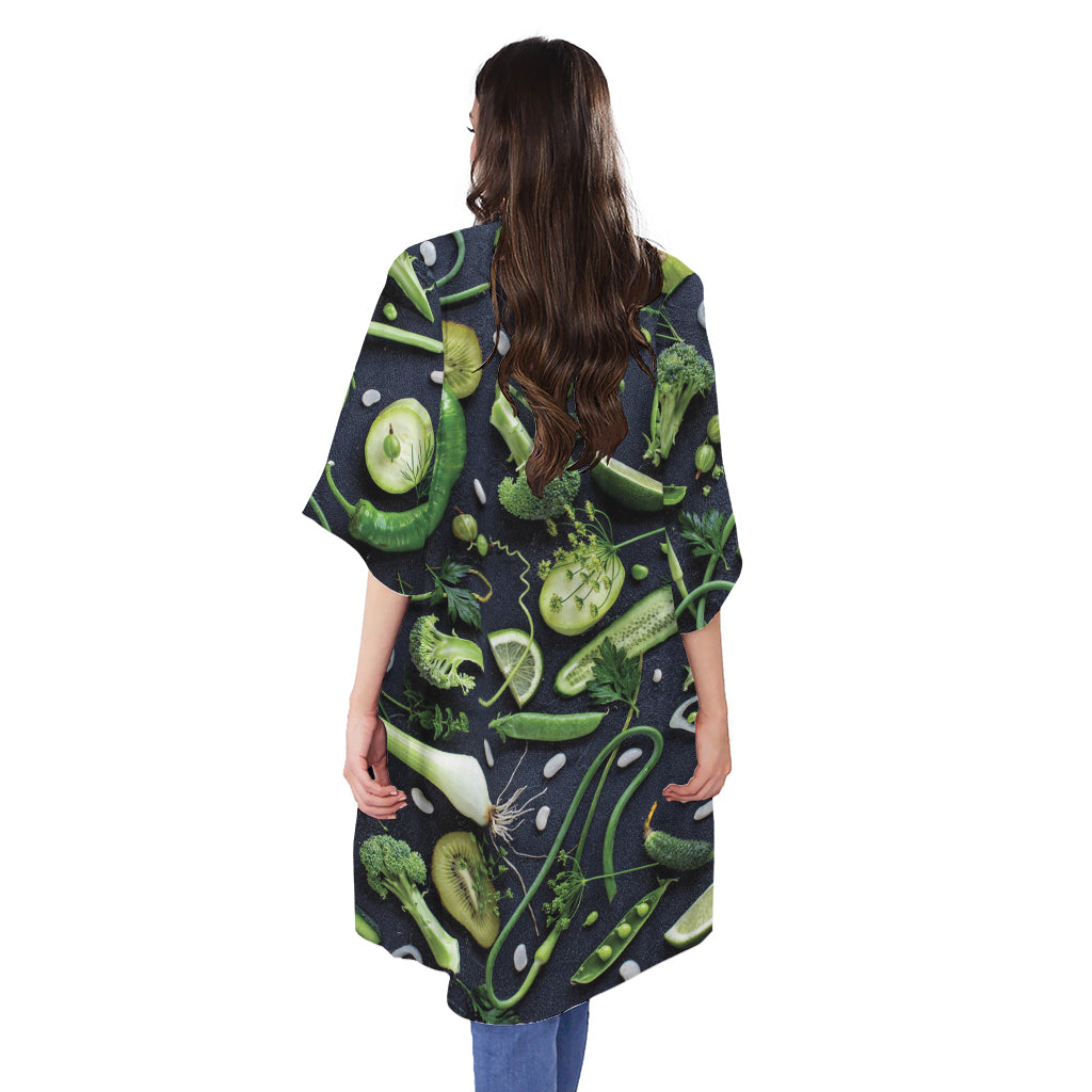 Fresh Green Fruit And Vegetables Print Open Front Beach Cover Up