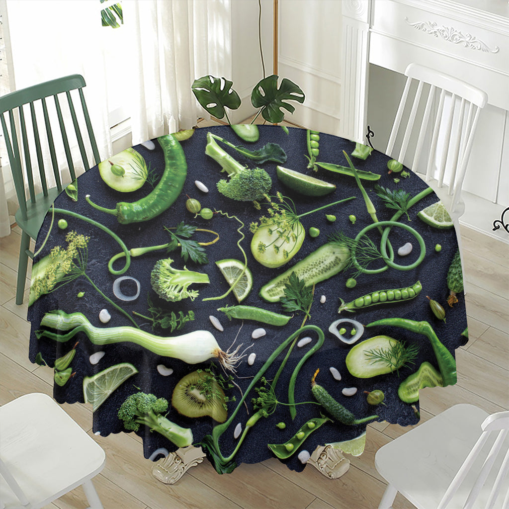 Fresh Green Fruit And Vegetables Print Waterproof Round Tablecloth