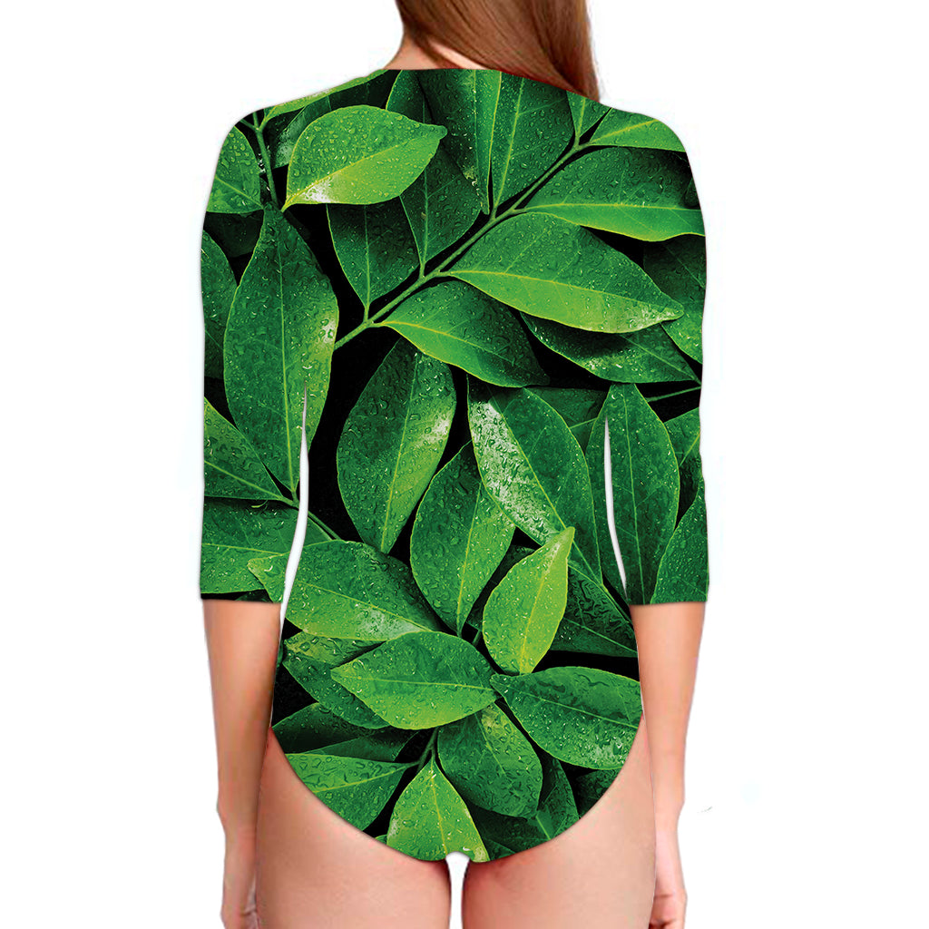 Fresh Green Leaf Print Long Sleeve Swimsuit