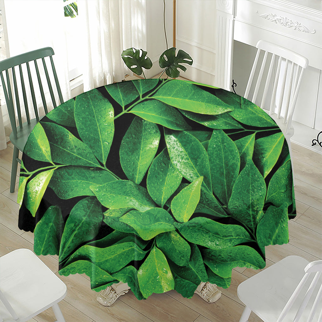 Fresh Green Leaf Print Waterproof Round Tablecloth