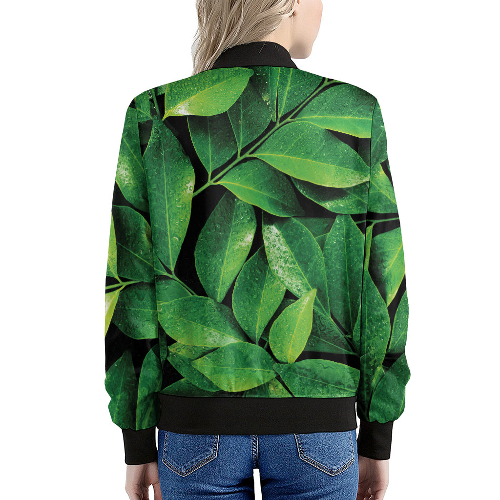 Fresh Green Leaf Print Women's Bomber Jacket
