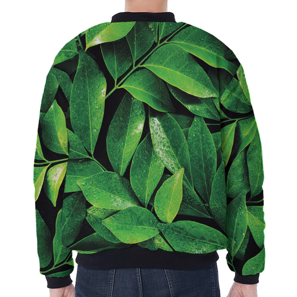 Fresh Green Leaf Print Zip Sleeve Bomber Jacket