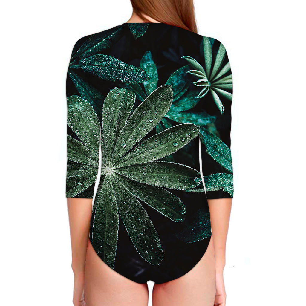Fresh Tropical Leaf Print Long Sleeve Swimsuit